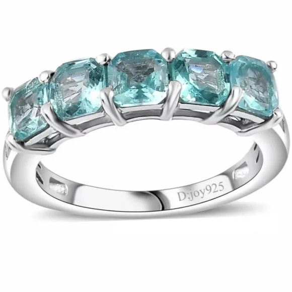 Genuine 5 Stone Apatite Ring Sterling Silver Rhodium Overlay Size 7! New - Picture 2 of 14